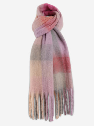 Plaid Pattern Oblong Scarf W/ Fringe