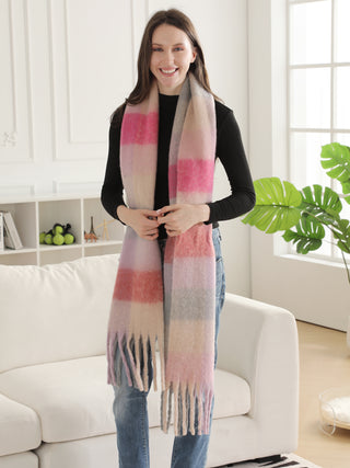 Plaid Pattern Oblong Scarf W/ Fringe