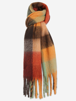 Plaid Pattern Oblong Scarf W/ Fringe