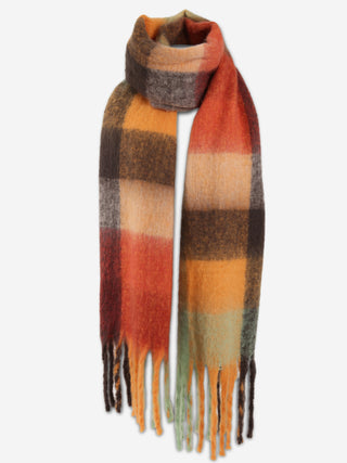 Plaid Pattern Oblong Scarf W/ Fringe