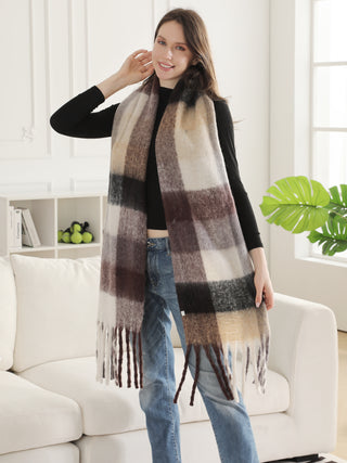 Plaid Pattern Oblong Scarf W/ Fringe