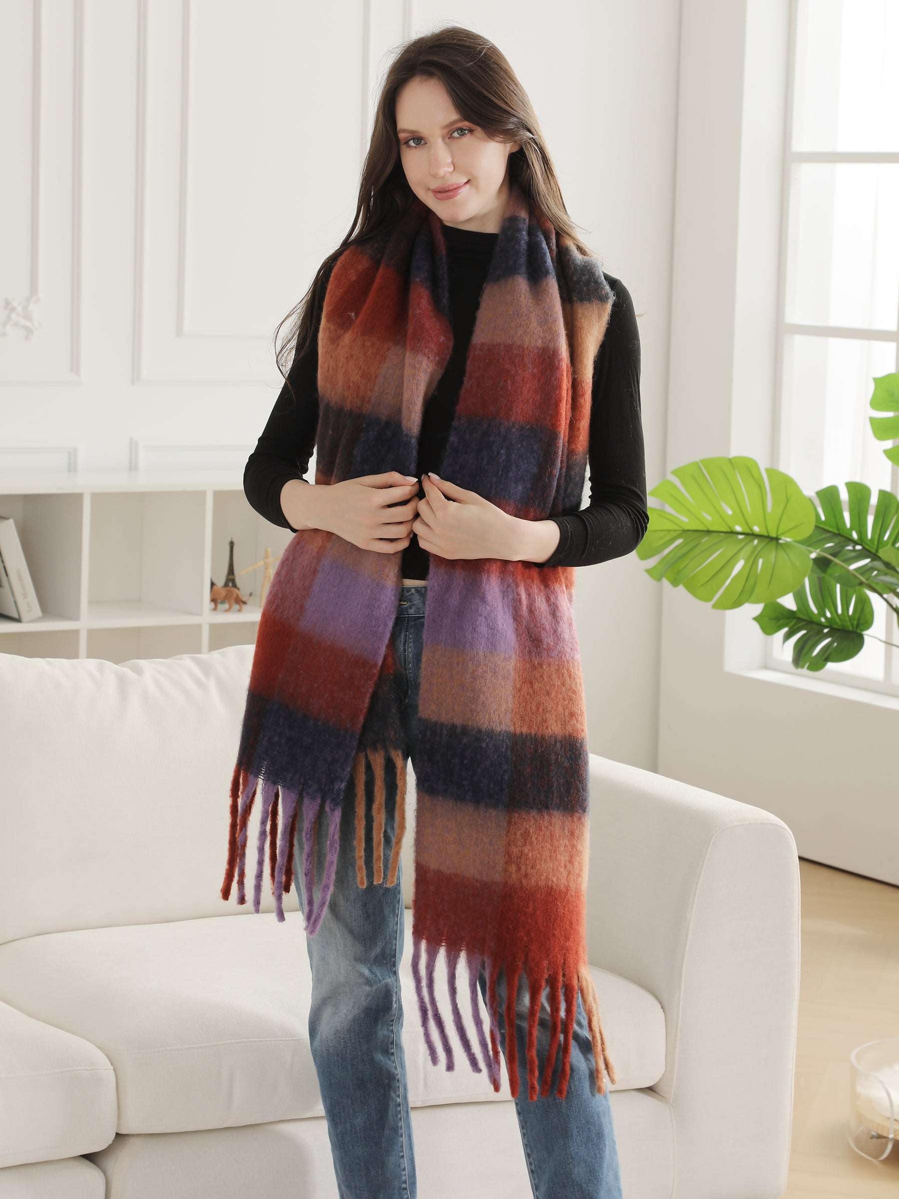 Plaid Pattern Oblong Scarf W/ Fringe