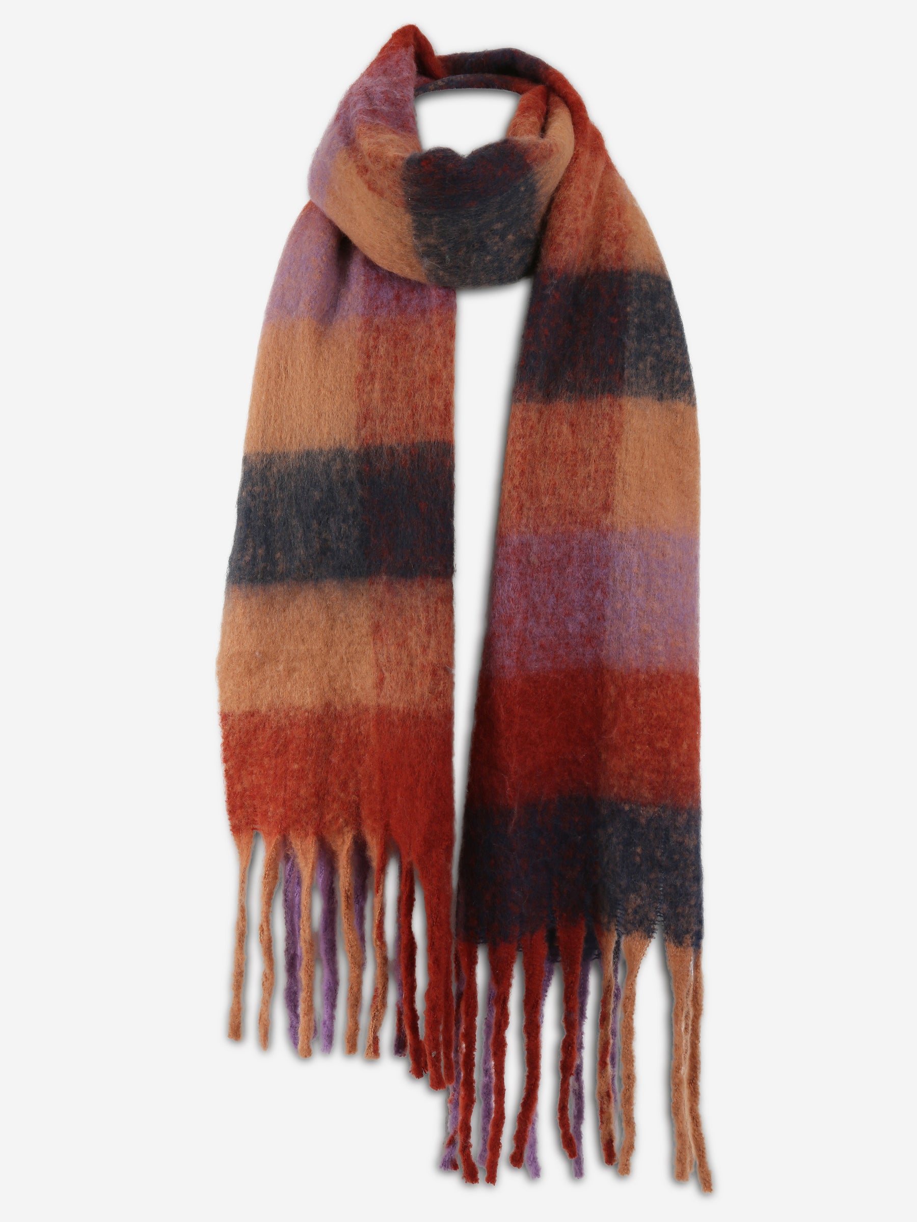 Plaid Pattern Oblong Scarf W/ Fringe
