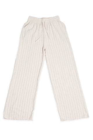 Linen Stiped Pattern Wide-Leg Pants W/ Drawstring & Pockets
