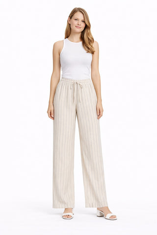 Linen Stiped Pattern Wide-Leg Pants W/ Drawstring & Pockets