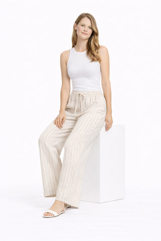 Linen Stiped Pattern Wide-Leg Pants W/ Drawstring & Pockets