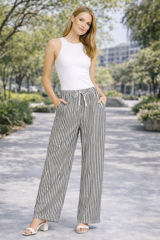 Striped Pattern Wide-Leg Pants W/ Drawstring & Pockets