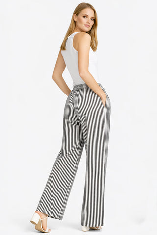 Striped Pattern Wide-Leg Pants W/ Drawstring & Pockets