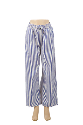 Striped Pattern Wide-Leg Pants W/ Drawstring & Pockets