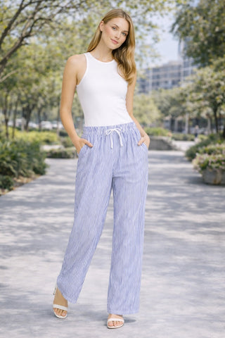 Striped Pattern Wide-Leg Pants W/ Drawstring & Pockets