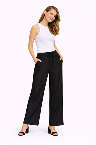 Linen Solid Color Wide-Leg Pants W/ Drawstring & Pockets