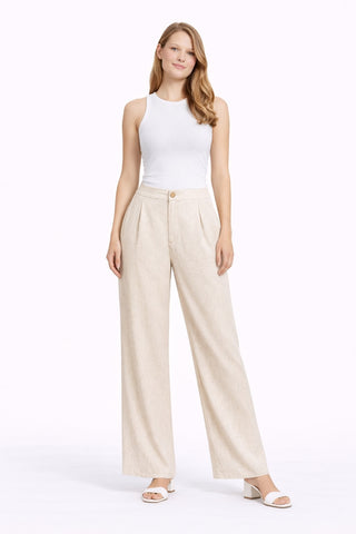 Linen Solid Color Wide-Leg Pants W/ Button+Zipper Closure & Pockets