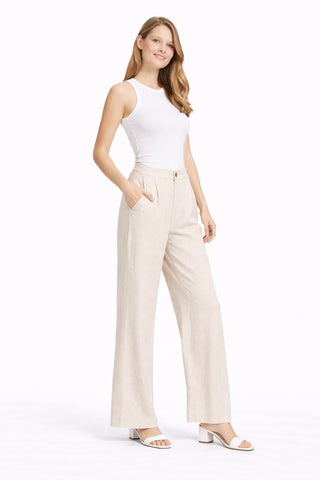 Linen Solid Color Wide-Leg Pants W/ Button+Zipper Closure & Pockets