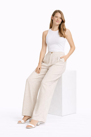 Linen Solid Color Wide-Leg Pants W/ Button+Zipper Closure & Pockets