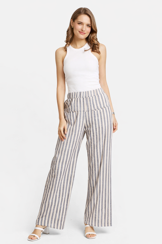 Striped Pattern Wide-Leg Pants W/ Pockets