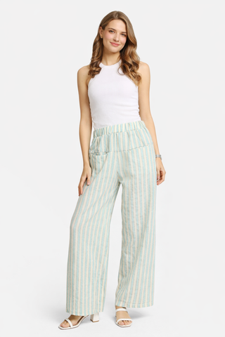 Striped Pattern Wide-Leg Pants W/ Pockets