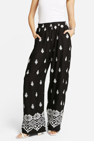 Embroidered Elastic Waisted Wide-Leg Pants