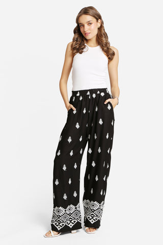 Embroidered Elastic Waisted Wide-Leg Pants