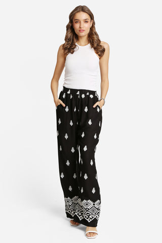 Embroidered Elastic Waisted Wide-Leg Pants