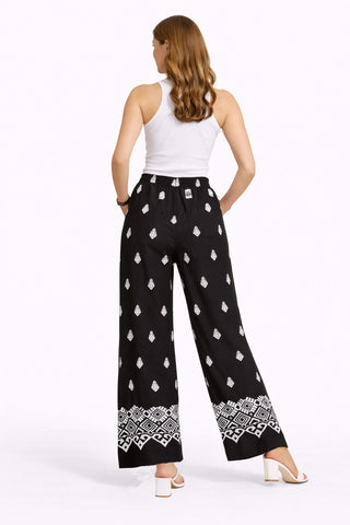 Boho Tribal Pattern Embroidered Wide-Leg Pants W/ Pockets