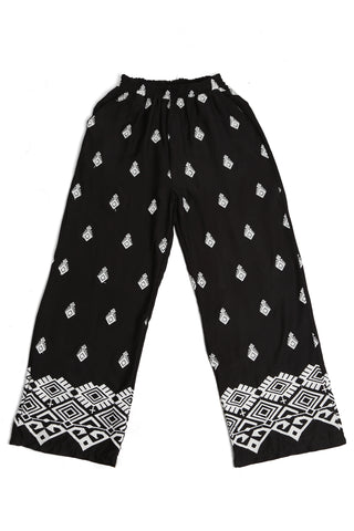 Boho Tribal Pattern Embroidered Wide-Leg Pants W/ Pockets