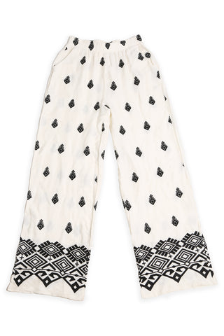 Boho Tribal Pattern Embroidered Wide-Leg Pants W/ Pockets
