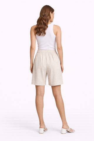 Linen Solid Color Shorts W/ Button+Zipper Closure & Pockets