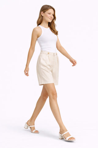 Linen Solid Color Shorts W/ Button Detailing & Pockets
