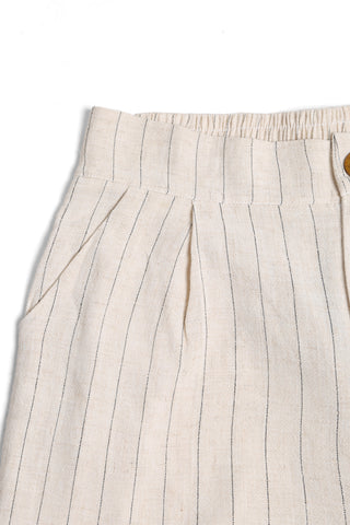 Linen Striped Pattern Shorts W/ Button+Zipper Closure & Pockets
