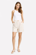 Linen Striped Pattern Shorts W/ Button+Zipper Closure & Pockets