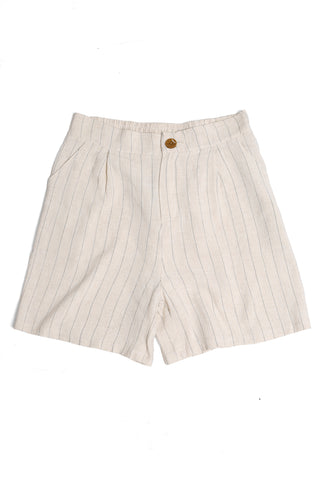 Linen Striped Pattern Shorts W/ Button+Zipper Closure & Pockets