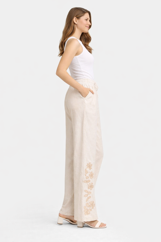 Linen Floral Pattern Embroidered Wide-Leg Pants W/ Drawstring & Pockets