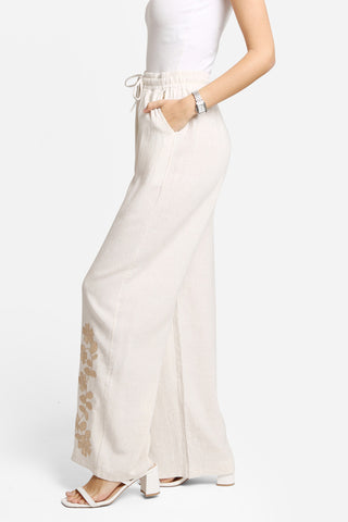 Linen Floral Embroidered Wide-Leg Pants