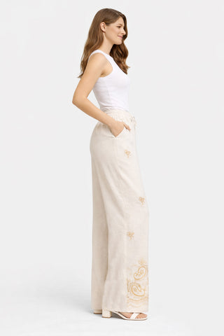 Linen Paisley & Floral Pattern Embroidered Wide-Leg Pants W/ Drawstring & Pockets