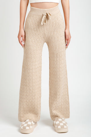 Solid Color Cable Knit Wide-Leg Lounge Pants W/ Drawstring