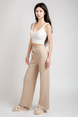 Solid Color Cable Knit Wide-Leg Lounge Pants W/ Drawstring