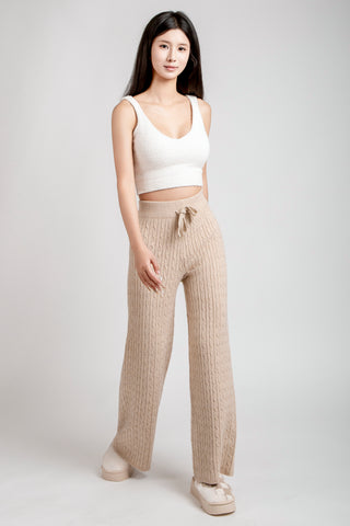 Solid Color Cable Knit Wide-Leg Lounge Pants W/ Drawstring