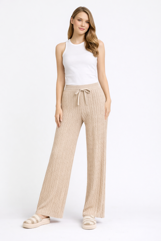 Solid Color Cable Knit Wide-Leg Lounge Pants W/ Drawstring