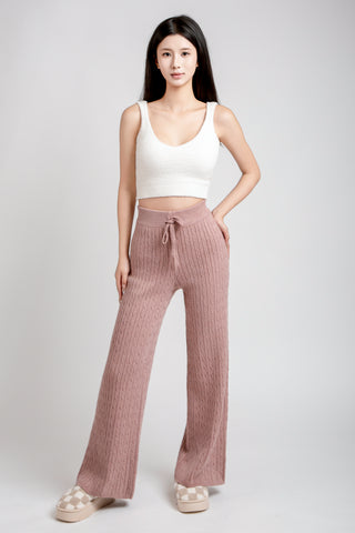 Solid Color Cable Knit Wide-Leg Lounge Pants W/ Drawstring