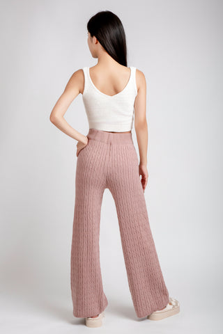 Solid Color Cable Knit Wide-Leg Lounge Pants W/ Drawstring