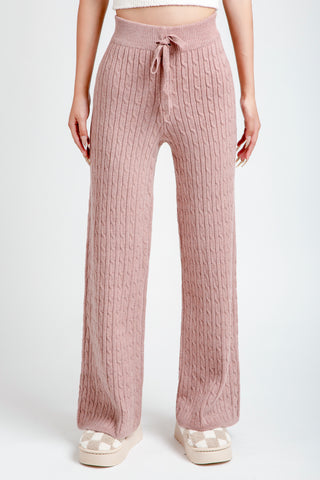Solid Color Cable Knit Wide-Leg Lounge Pants W/ Drawstring