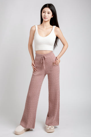 Solid Color Cable Knit Wide-Leg Lounge Pants W/ Drawstring