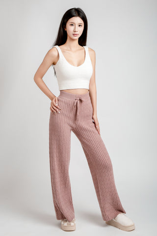 Solid Color Cable Knit Wide-Leg Lounge Pants W/ Drawstring