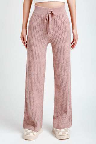 Solid Color Cable Knit Wide-Leg Lounge Pants W/ Drawstring