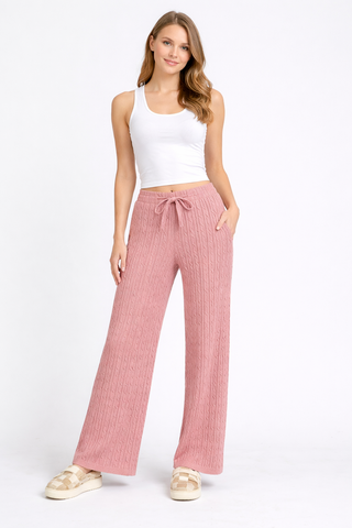 Solid Color Cable Knit Wide-Leg Lounge Pants W/ Drawstring