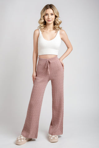 Solid Color Cable Knit Wide-Leg Lounge Pants W/ Drawstring