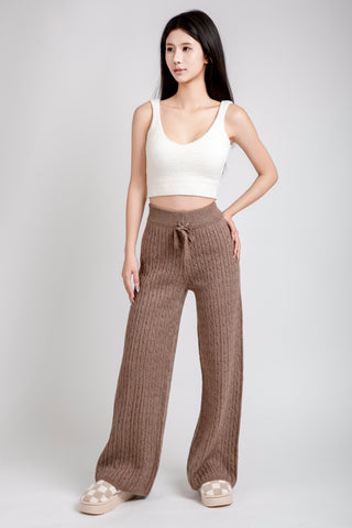 Solid Color Cable Knit Wide-Leg Lounge Pants W/ Drawstring