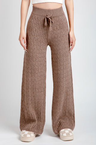Solid Color Cable Knit Wide-Leg Lounge Pants W/ Drawstring