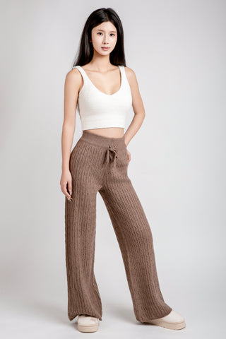 Solid Color Cable Knit Wide-Leg Lounge Pants W/ Drawstring