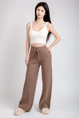 Solid Color Cable Knit Wide-Leg Lounge Pants W/ Drawstring
